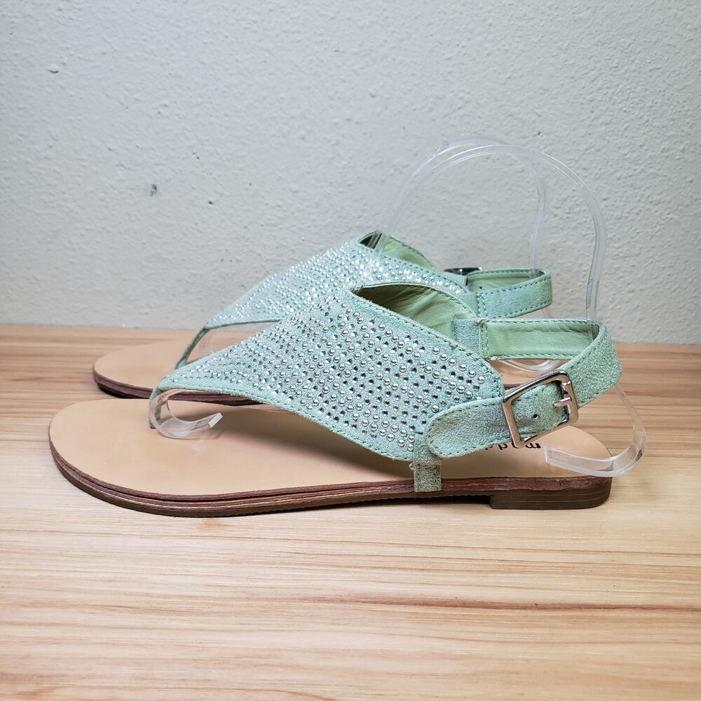 Madden Girl Size 8 Mercurry Wide Strap Studded Slingback Sandal Green Silver